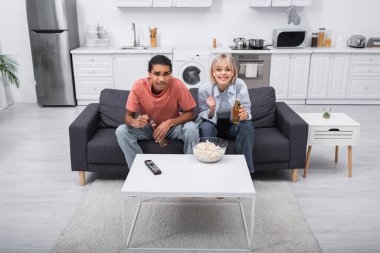 emotional interracial couple cheering and holding bottles with beer while watching sport match in living room 