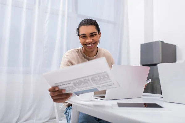 Happy Young African American Man Reading Newspaper Gadgets — Stock Photo, Image
