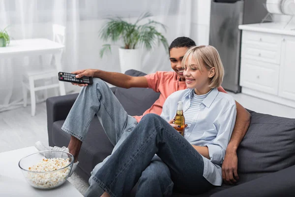 Happy African American Man Looking Cheerful Woman Bottle Beer While — Stock Photo, Image