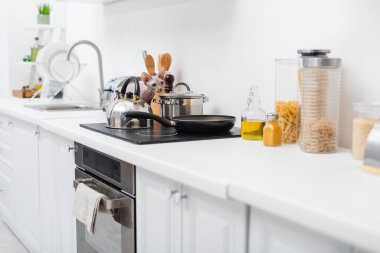 Sphynx cat looking away near kitchenware on stove on worktop 