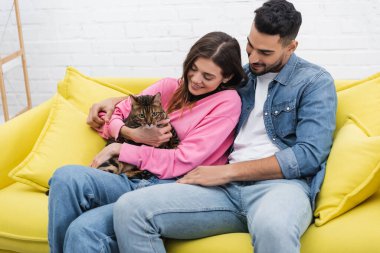 Multiethnic couple looking at bengal cat while sitting on couch in living room 