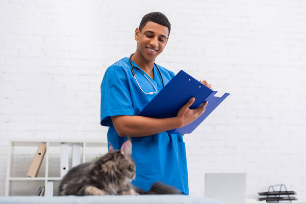 Smiling african american veterinarian writing on clipboard near blurred maine coon cat in clinic 
