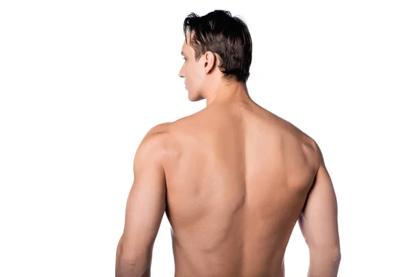 Visão Traseira Homem Sem Camisa Com Corpo Perfeito Isolado Branco — Fotografia de Stock