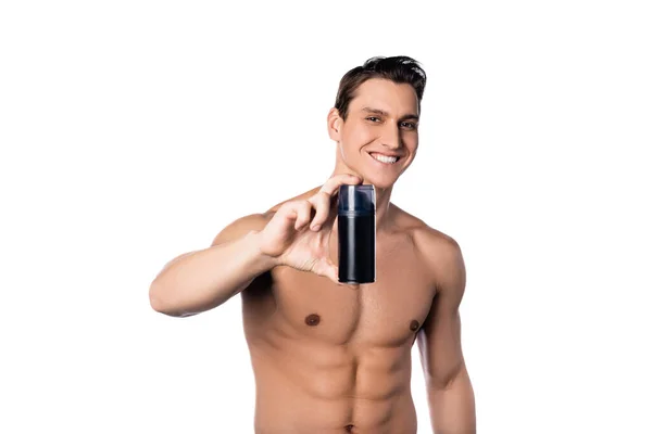 Happy Shirtless Man Showing Antiperspirant Camera Isolated White — Stock Photo, Image