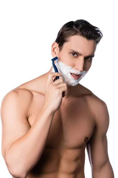 Brunette Shirtless Man Looking Camera While Shaving Isolated White — Stock Photo, Image