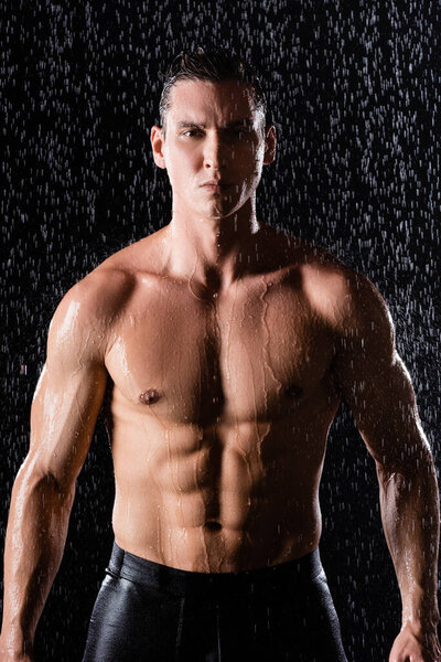 front view of man with muscular torso looking at camera under rain on black background