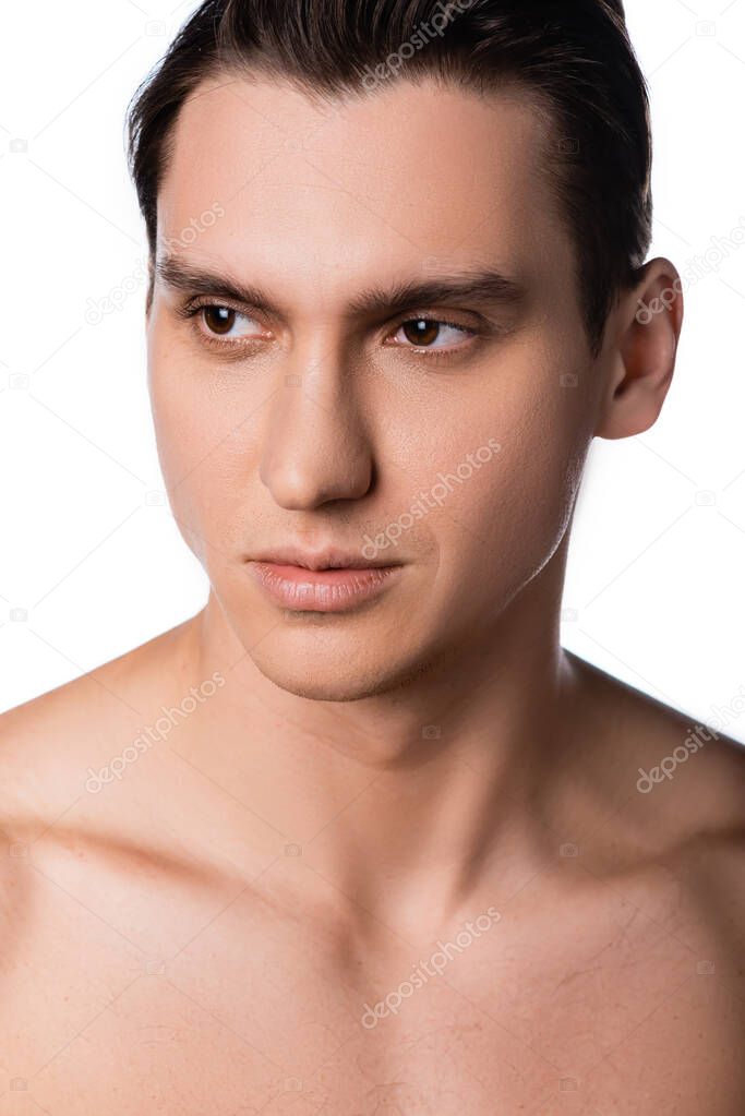 portrait of man with perfect face looking away isolated on white