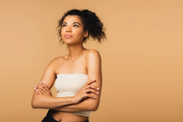 Curly African American Woman Bare Shoulders Posing Crossed Arms Isolated — Stock Photo, Image