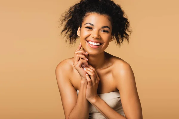 Cheerful Young African American Woman Bare Shoulders Looking Camera Isolated — Stock Photo, Image