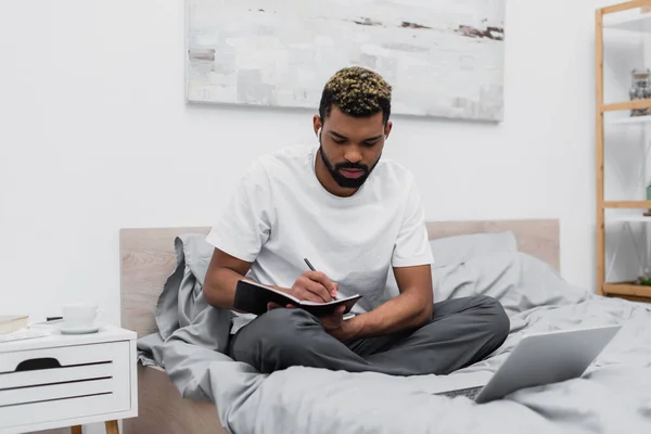 Barbudo Hombre Afroamericano Auriculares Inalámbricos Usando Portátil Escritura Portátil — Foto de Stock