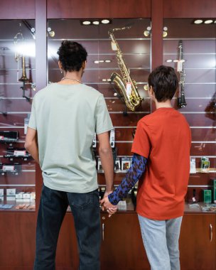 Back view of interracial couple choosing musical instrument in shop 