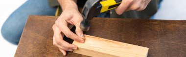 Cropped view of man holding hammer and nail on wooden board at home, banner 