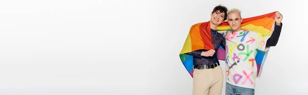 Trendy Queer Person Blonde Gay Man Lgbtq Flag Smiling Camera — Fotografia de Stock