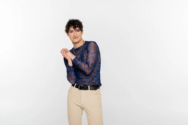 Trendy Queer Person Beige Trousers Long Sleeve Shirt Isolated Grey — Foto de Stock