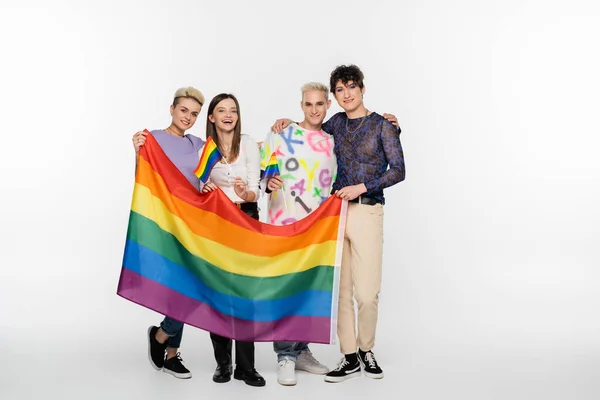 Full Length Diverse Identity Friends Standing Lgbtq Flags Grey Background — Stockfoto