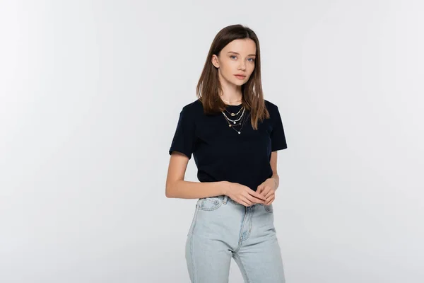 Brunette Woman Jeans Black Shirt Looking Camera Isolated Grey — 스톡 사진