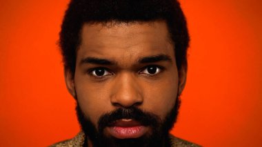 close up of young and bearded african american man with brown eyes isolated on orange  clipart