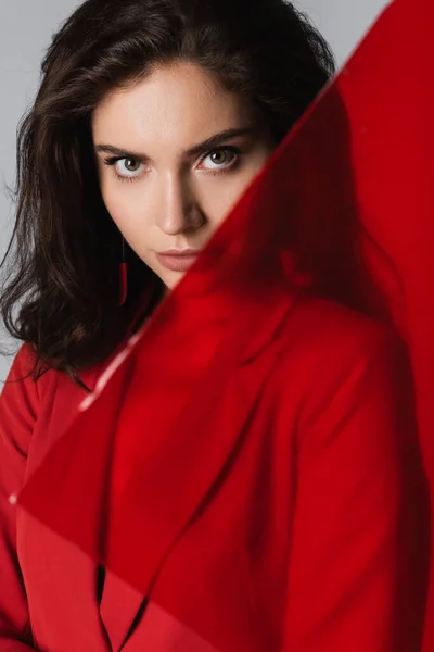 Young brunette woman looking at camera near blurred red glass isolated on grey — Stock Photo