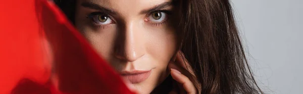 Brunette jeune femme regardant caméra près de verre rouge isolé sur gris, bannière — Photo de stock