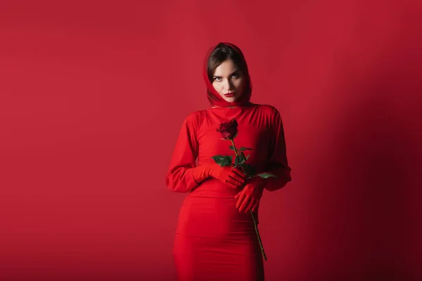 Bonita jovem mulher no vestido, luvas e lenço de cabeça segurando rosa no vermelho — Fotografia de Stock