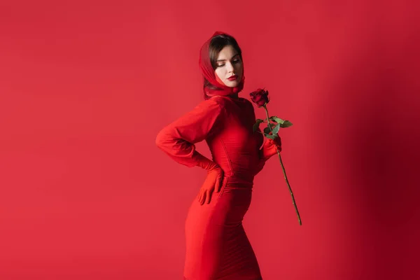 Elegante junge Frau im Kleid mit Rose, während sie mit der Hand auf der Hüfte auf Rot posiert — Stockfoto