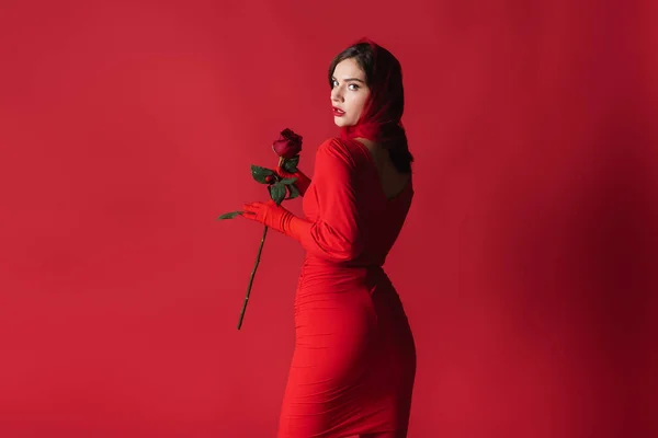 Elegante junge Frau im Kleid mit Rose im Stehen auf Rot — Stockfoto