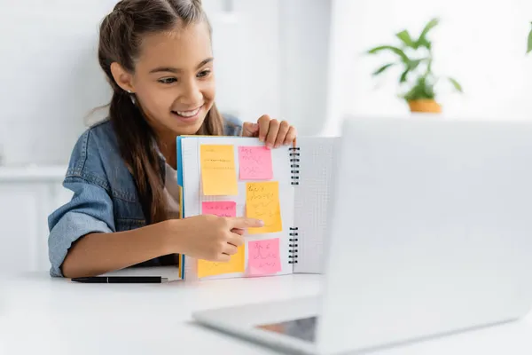 Smiling child pointing at sticky notes on notebook near laptop during video call at home — Stock Photo
