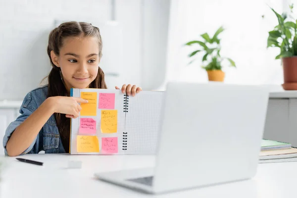 Écolier pointant vers un ordinateur portable avec des notes collantes pendant l'appel vidéo sur ordinateur portable flou à la maison — Photo de stock