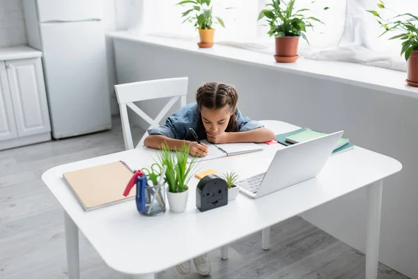 Écriture d'enfant sur ordinateur portable près de l'ordinateur portable et des plantes à la maison — Photo de stock