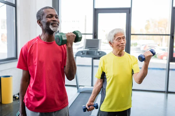 Senior interracial sportsmen entrenamiento con mancuernas en gimnasio - foto de stock
