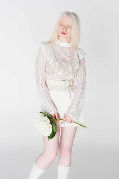 Blonde albinos femme tenant fleur isolé sur blanc — Photo de stock