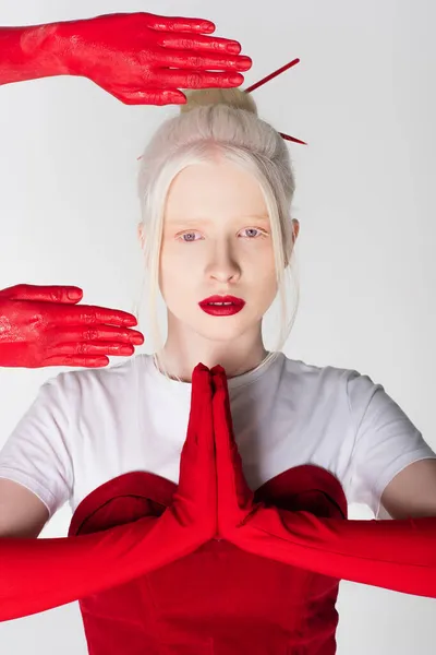 Elegante modelo albino con guantes que muestran las manos orantes cerca de las manos femeninas en pintura aislada en blanco - foto de stock