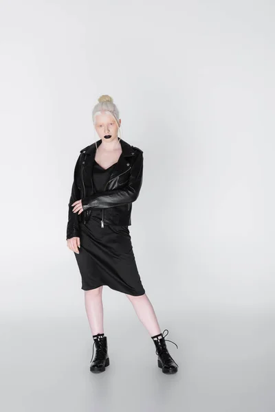 Femme albinos tendance en robe et veste en cuir regardant la caméra sur fond blanc — Photo de stock