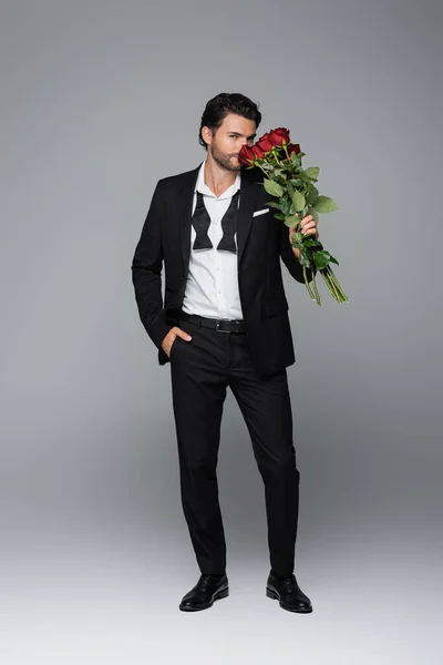 Full length of bearded man in suit smelling red roses while standing with hand in pocket on grey — Stock Photo