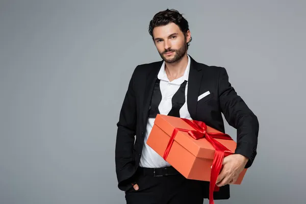 Hombre barbudo en traje sosteniendo caja de regalo roja y de pie con la mano en el bolsillo aislado en gris - foto de stock