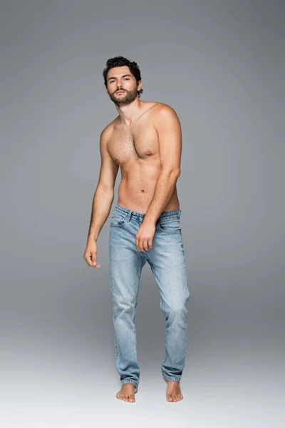 Full length of good-looking and muscular man in jeans looking at camera on grey — Stock Photo