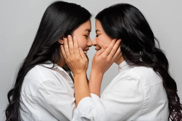 Side view of cheerful asian mother and young adult daughter touching cheeks of each other isolated on grey — Stock Photo