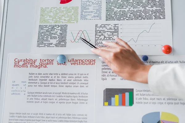 Vista recortada de la mujer de negocios señalando gráficos en el rotafolio cerca de letras Traducción: 