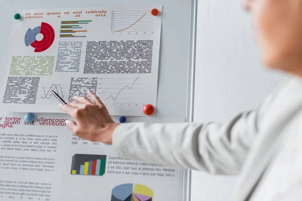 Partial view of businesswoman pointing at graphs on flip chart near lettering Translation: 