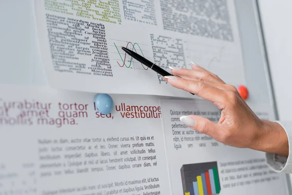 Partial view of businesswoman pointing at graphs on flip chart near lettering Translation: 