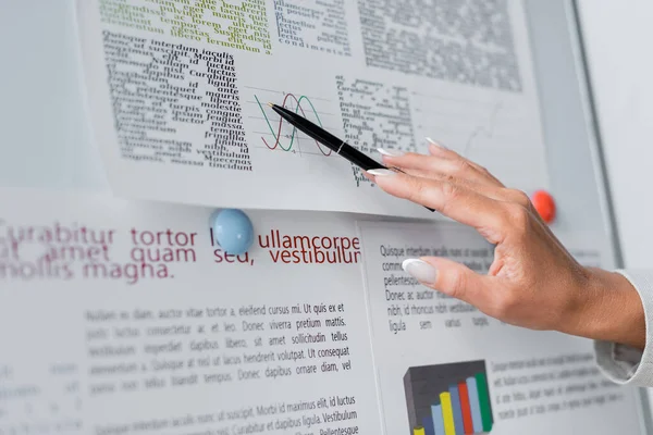 Vista parcial de la mujer de negocios señalando gráficos en el rotafolio cerca de letras Traducción: 