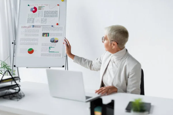 Mulher de negócios sênior desfocada em óculos apontando para o gráfico flip durante a chamada de vídeo no laptop — Fotografia de Stock