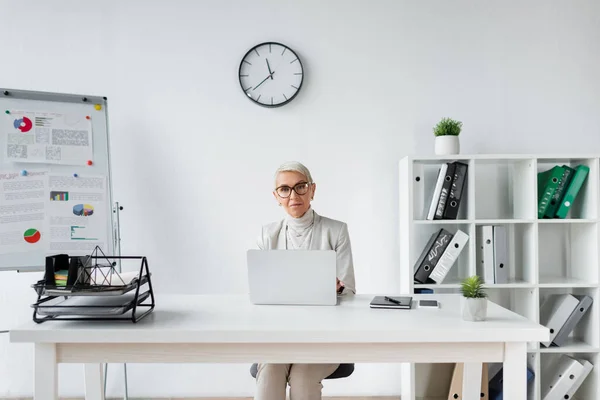 Empresária com cabelos grisalhos sentado na mesa com laptop — Fotografia de Stock