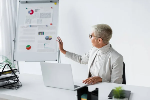 Femme d'affaires senior dans des lunettes pointant vers tableau à feuilles floues pendant l'appel vidéo sur ordinateur portable — Photo de stock