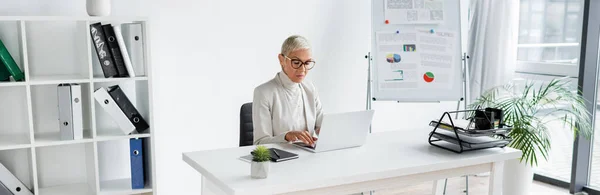 Empresária sênior em óculos usando laptop no escritório moderno, banner — Fotografia de Stock