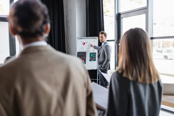 Homem de negócios apontando para flip chart com gráficos perto de colegas inter-raciais desfocados — Fotografia de Stock