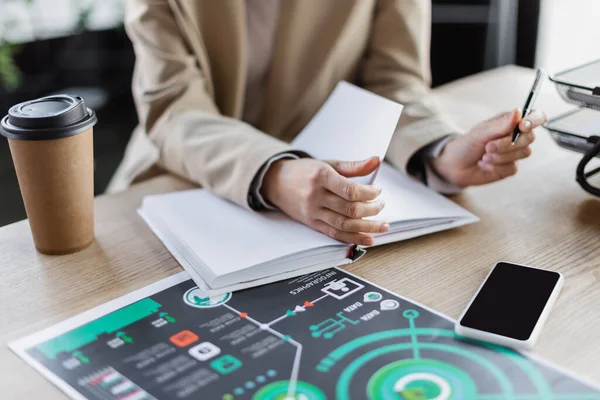 Partial view of blurred businesswoman sitting at desk near analytics, coffee to go and smartphone with blank screen — Stock Photo