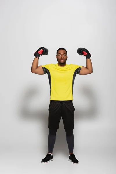 Longueur totale de sportif afro-américain musclé en gants de boxe sur gris — Photo de stock