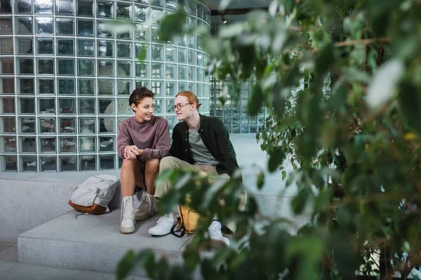 Positive couple of tourists sitting near backpacks and plants in hotel — Stock Photo