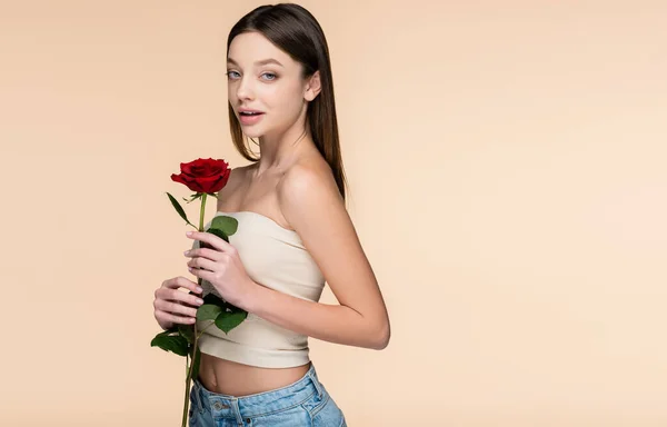 Брюнетка жінка з голими плечима тримає троянду ізольована на бежевому — стокове фото